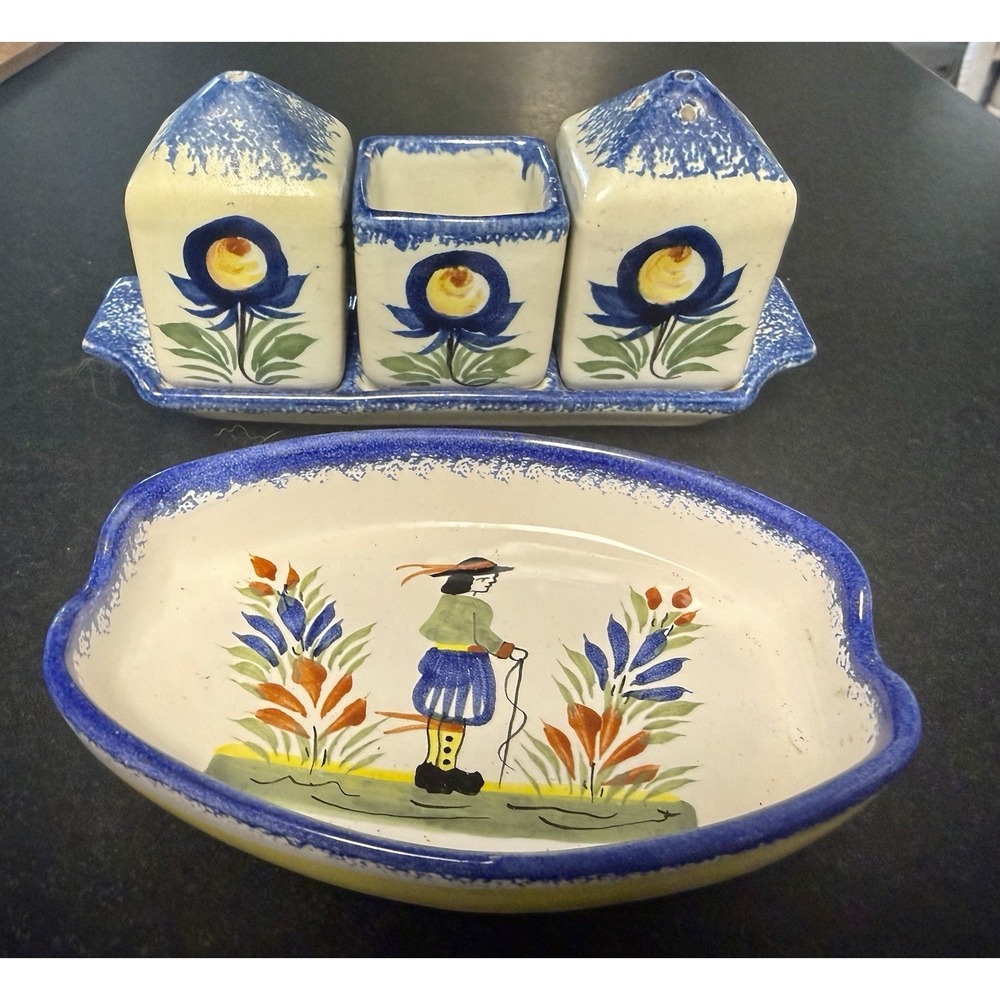 Vintage 1982 Henriot Quimper France Condiment Set Salt Pepper Tray Dish